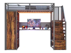 Cama mezanino de metal 90x200 cm - con cabideiro aberto e compartimentos de armazenamento - con escrivaninha e escada - con faixa de luz LED - preto