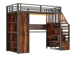 Cama mezanino de metal 90x200 cm - con cabideiro aberto e compartimentos de armazenamento - con escrivaninha e escada - con faixa de luz LED - preto
