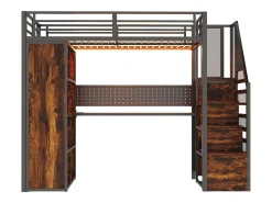 Cama mezanino de metal 90x200 cm - con cabideiro aberto e compartimentos de armazenamento - con escrivaninha e escada - con faixa de luz LED - preto