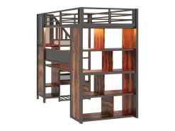Cama mezanino de metal 90x200 cm - con cabideiro aberto e compartimentos de armazenamento - con escrivaninha e escada - con faixa de luz LED - preto