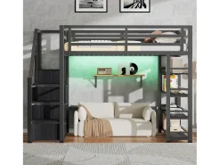 Cama mezanino de metal 140x200cm - con LED - escada de armazenamento - con armário e prateleiras - Preto​ (sem colchão)
