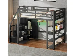 Cama mezanino de metal 140x200cm - con LED - escada de armazenamento - con armário e prateleiras - Preto​ (sem colchão)