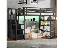 Cama mezanino de metal 140x200cm - con LED - escada de armazenamento - con armário e prateleiras - Preto​ (sem colchão)