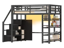 Cama mezanino de metal 140x200cm - con LED - escada de armazenamento - con armário e prateleiras - Preto​ (sem colchão)