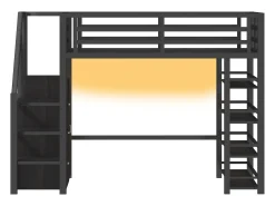 Cama mezanino de metal 140x200cm - con LED - escada de armazenamento - con armário e prateleiras - Preto​ (sem colchão)