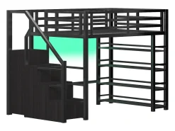 Cama mezanino de metal 140x200cm - con LED - escada de armazenamento - con armário e prateleiras - Preto​ (sem colchão)