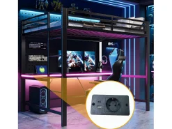 Cama mezanino de metal 140x200cm - con escrivaninha - con iluminação LED e porta de carregamento USB - Preto​ (sem colchão)
