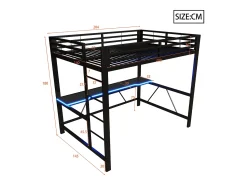 Cama mezanino de metal 140x200cm - con escrivaninha - con iluminação LED e porta de carregamento USB - Preto​ (sem colchão)