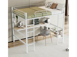 Cama mezanino em ferro - 140x200cm - com secretária e 5 prateleiras - Branco