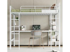Cama mezanino em ferro - 140x200cm - com secretária e 5 prateleiras - Branco
