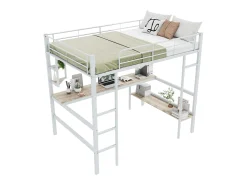 Cama mezanino em ferro - 140x200cm - com secretária e 5 prateleiras - Branco