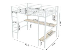 Cama mezanino em ferro - 140x200cm - com secretária e 5 prateleiras - Branco