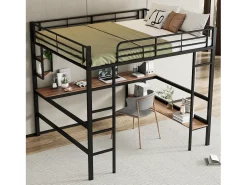 Cama mezanino em ferro - 140x200cm - com secretária e 5 prateleiras - Preto