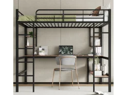 Cama mezanino em ferro - 140x200cm - com secretária e 5 prateleiras - Preto