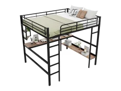 Cama mezanino em ferro - 140x200cm - com secretária e 5 prateleiras - Preto
