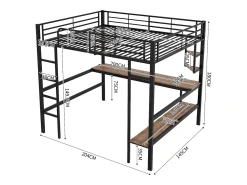 Cama mezanino em ferro - 140x200cm - com secretária e 5 prateleiras - Preto