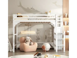 Cama mezanino em madeira 140x200cm - com roupeiro e base de ripas - Branco
