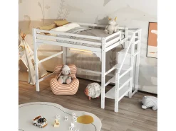Cama mezanino em madeira 140x200cm - com roupeiro e base de ripas - Branco