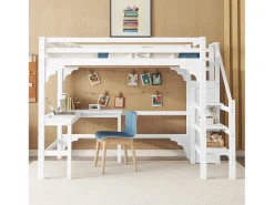 Cama mezanino em madeira 140x200cm - com secretária, roupeiro e base de ripas - Branco