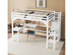 Cama mezanino em madeira 140x200cm - com secretária, roupeiro e base de ripas - Branco