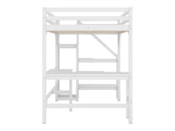 Cama mezanino em madeira 140x200cm - com secretária, roupeiro e base de ripas - Branco