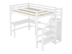Cama mezanino em madeira 140x200cm - com secretária, roupeiro e base de ripas - Branco