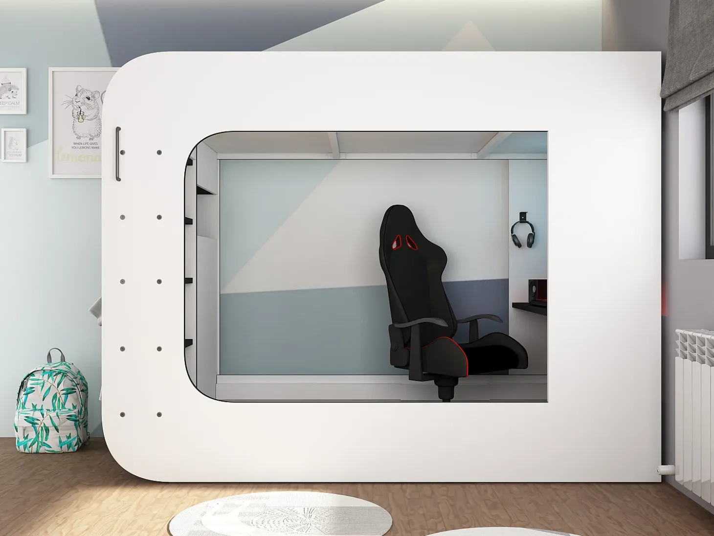 Cama mezanino gamer 90 x 200 cm com secretária LEDs Antracite e vermelho + colchão - WARRIOR