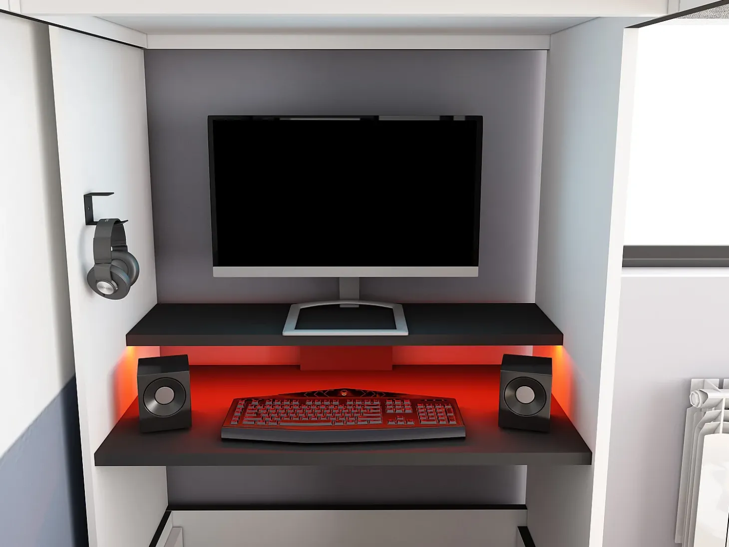 Cama mezanino gamer 90 x 200 cm com secretária LEDs Antracite e vermelho + colchão - WARRIOR