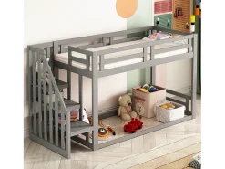 Cama mezanino infantil 90×200 cm - com escada e ripado de madeira - cinza