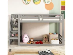 Cama mezanino infantil 90×200 cm - com escada e ripado de madeira - cinza