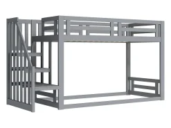 Cama mezanino infantil 90×200 cm - com escada e ripado de madeira - cinza