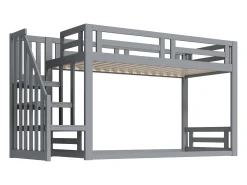 Cama mezanino infantil 90×200 cm - com escada e ripado de madeira - cinza