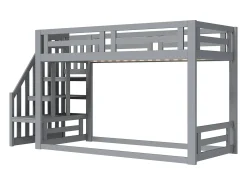 Cama mezanino infantil 90×200 cm - com escada e ripado de madeira - cinza