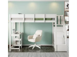 Cama mezanino infantil 90×200 cm - com escada de armazenamento - com escrivaninha - branco (colchão não incluído)