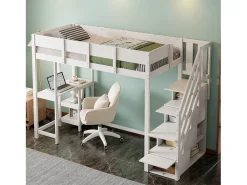 Cama mezanino infantil 90×200 cm - com escada de armazenamento - com escrivaninha - branco (colchão não incluído)
