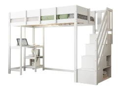 Cama mezanino infantil 90×200 cm - com escada de armazenamento - com escrivaninha - branco (colchão não incluído)