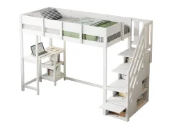 Cama mezanino infantil 90×200 cm - com escada de armazenamento - com escrivaninha - branco (colchão não incluído)