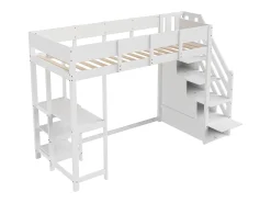 Cama mezanino infantil 90×200 cm - com escada de armazenamento - com escrivaninha - branco (colchão não incluído)