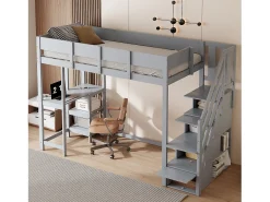 Cama mezanino infantil 90×200 cm - com escada de armazenamento - com escrivaninha - cinza (colchão não incluído)