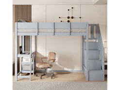 Cama mezanino infantil 90×200 cm - com escada de armazenamento - com escrivaninha - cinza (colchão não incluído)