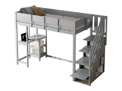 Cama mezanino infantil 90×200 cm - com escada de armazenamento - com escrivaninha - cinza (colchão não incluído)