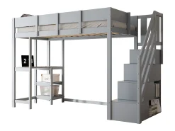 Cama mezanino infantil 90×200 cm - com escada de armazenamento - com escrivaninha - cinza (colchão não incluído)
