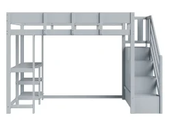 Cama mezanino infantil 90×200 cm - com escada de armazenamento - com escrivaninha - cinza (colchão não incluído)