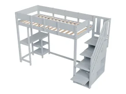 Cama mezanino infantil 90×200 cm - com escada de armazenamento - com escrivaninha - cinza (colchão não incluído)