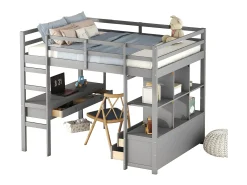 Cama mezanino infantil 140 x 200 cm com gavetas e secretária - Madeira de pinho - Base de ripas - Cinza