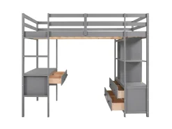 Cama mezanino infantil 140 x 200 cm com gavetas e secretária - Madeira de pinho - Base de ripas - Cinza