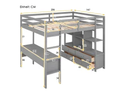 Cama mezanino infantil 140 x 200 cm com gavetas e secretária - Madeira de pinho - Base de ripas - Cinza