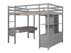 Cama mezanino infantil 140 x 200 cm com gavetas e secretária - Madeira de pinho - Base de ripas - Cinza