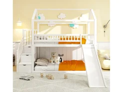 Cama mezanino infantil 90x200 cm - com escorrega e escada de arrumação - madeira maciça - com base de ripas - Branco