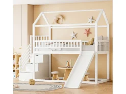 Cama mezanino infantil 90x200 cm - com escorrega e escada de arrumação - madeira maciça - com base de ripas - Branco